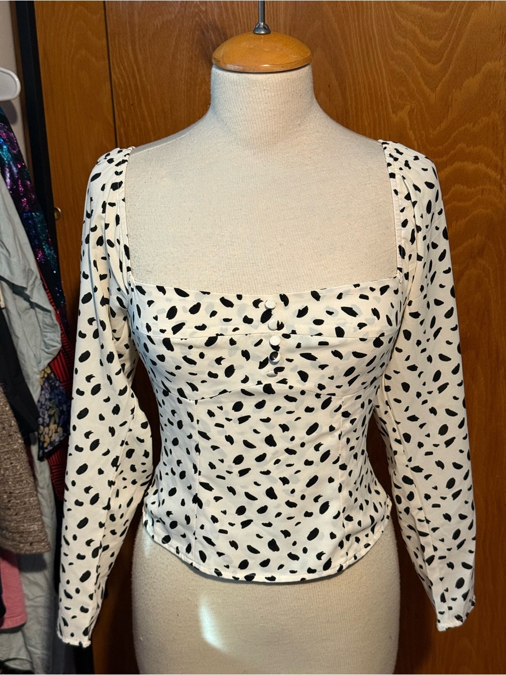 Commense White Square-Neck Long Sleeve Top with Black Spot Print